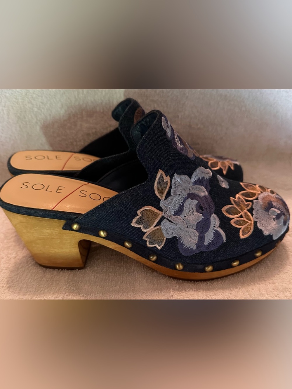 SOLE SOCIETY Embroidered Denim Clogs Wooden Heel Mules 8.5